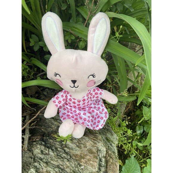 Happy Go Fluffy Bunny Plush Walgreens Pink Floral Dress Pink Rabbit Lovey 11” - Picture 1 of 3